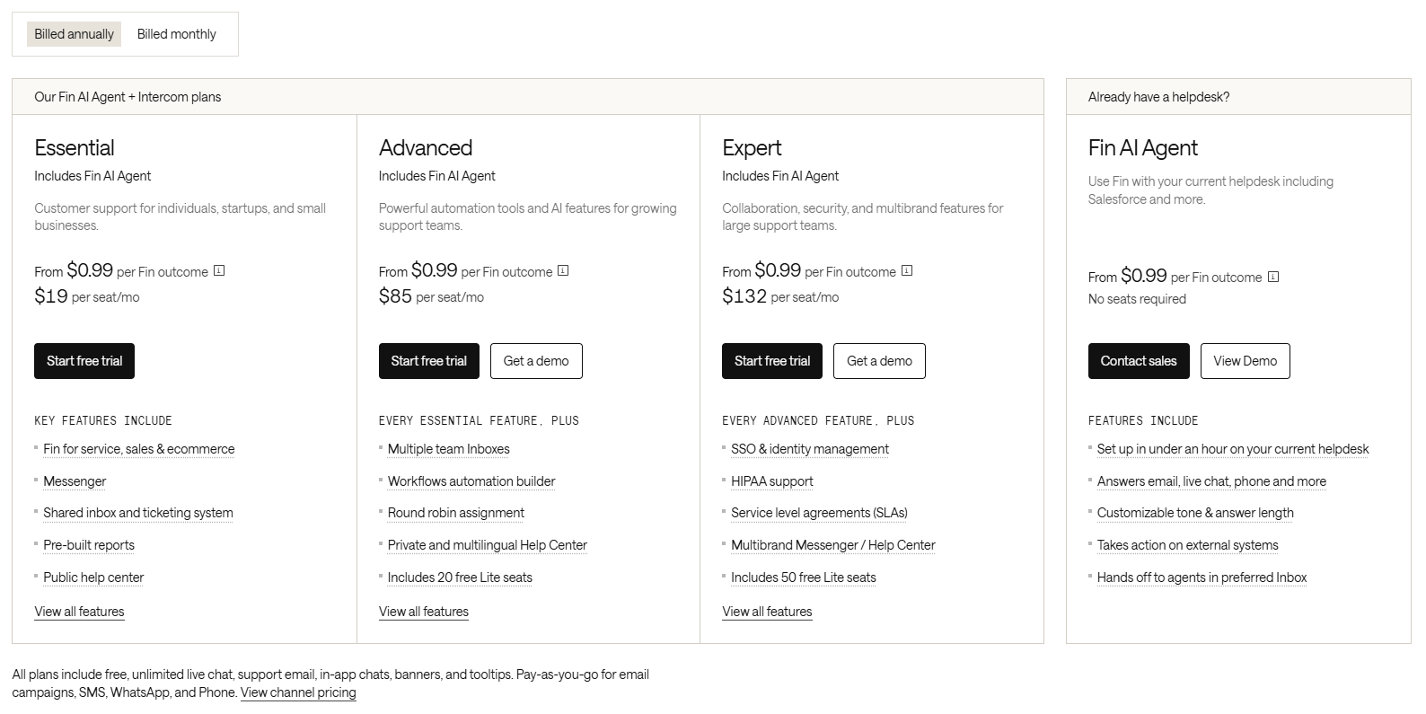Intercom pricing page