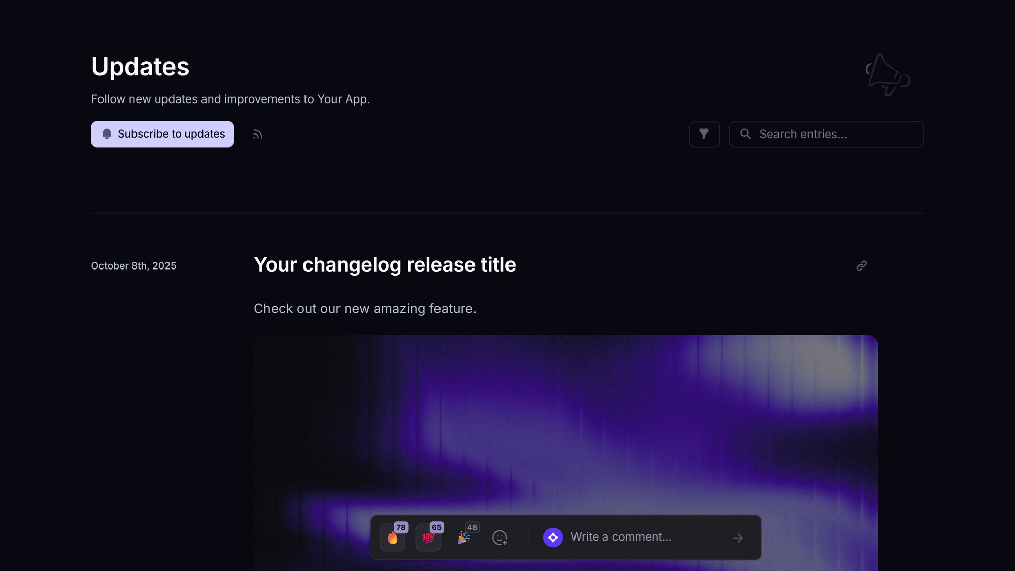 Featurebase Updates page showing a release announcement with reactions and comments.