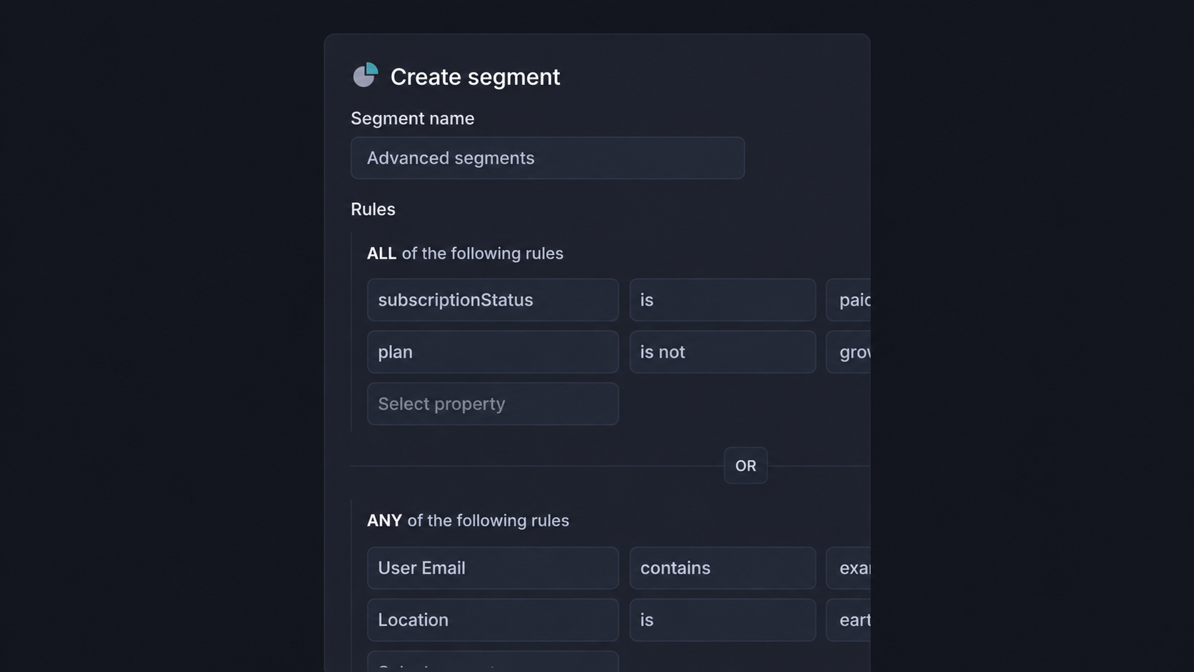 Customer segment builder with rules for subscription status, plan, email, and location.