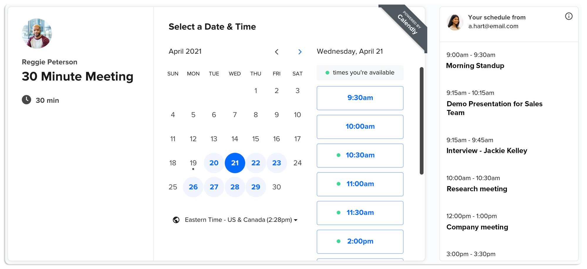 Calendly booking page showing a 30-minute meeting, a date picker, available time slots, and a connected calendar.