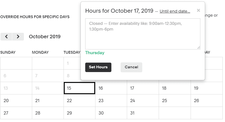 Acuity Scheduling calendar with a dialog for overriding appointment availability on a specific date.