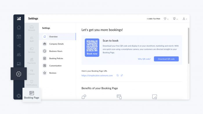Setmore booking page settings showing a booking QR code, shareable URL, business hours, and booking policies.