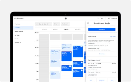 Square Appointments calendar with scheduled bookings and an appointment panel showing client notes and a payment button.