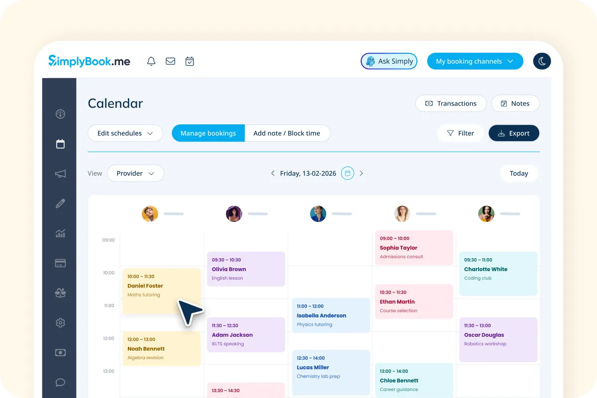 SimplyBook.me calendar showing color-coded appointments across five providers, with options to manage bookings and block time.