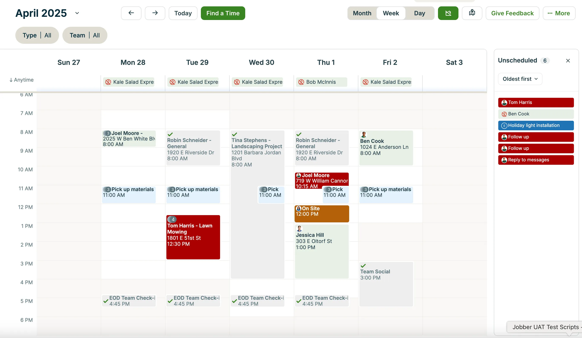 Jobber weekly calendar showing scheduled service visits, team tasks, and an unscheduled jobs sidebar.