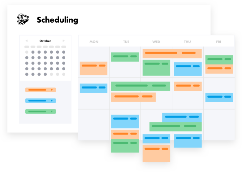 ServiceTitan scheduling illustration with an October date picker and a weekly calendar of color-coded job blocks.