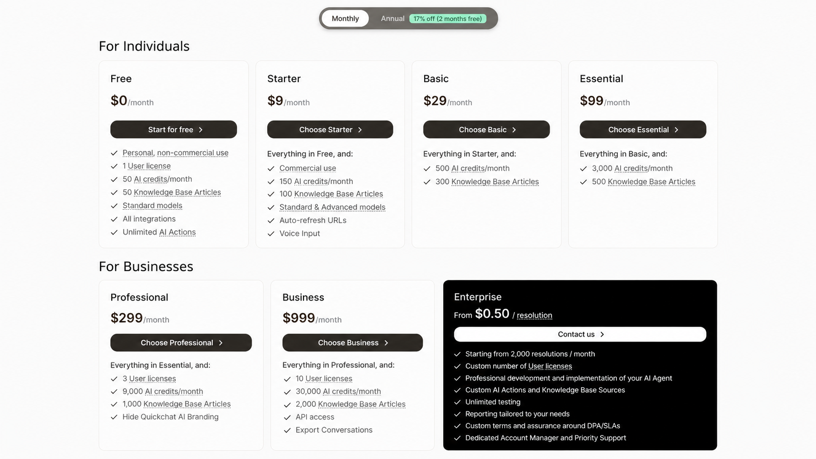 Quickchat.ai's pricing page