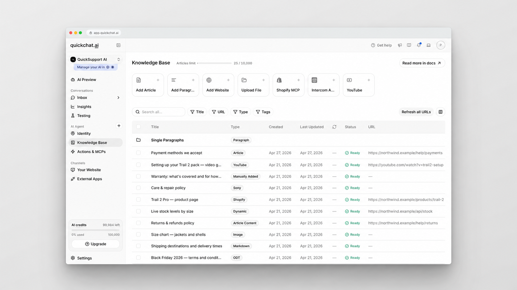Quickchat AI knowledge base showing content sources and their status.
