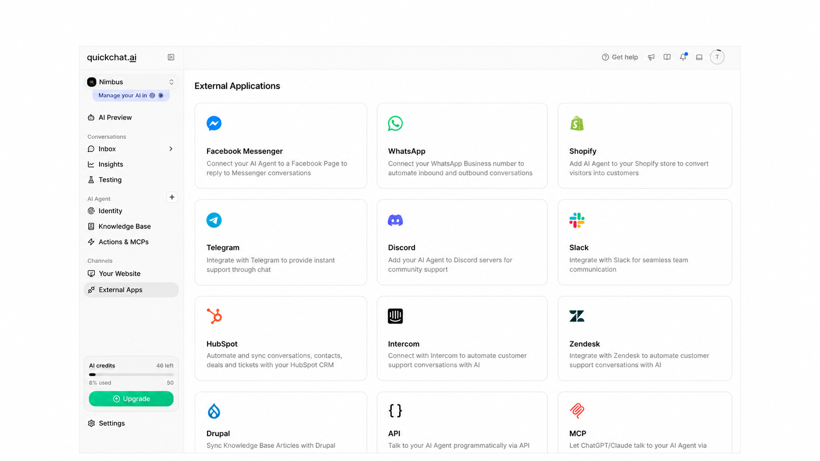 Quickchat AI integrations page showing messaging, ecommerce, and support tools.