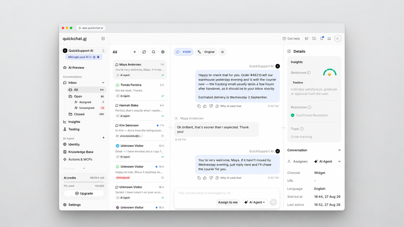 Quickchat AI inbox showing a customer conversation, insights, and assignment controls.