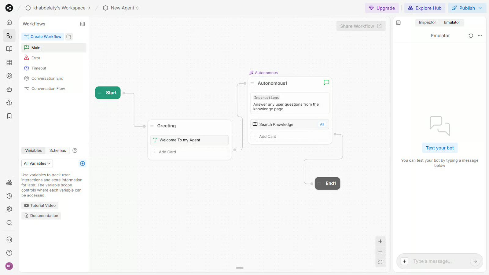 Botpress Studio interface with workflow navigation, variables, and a visual conversation flow.