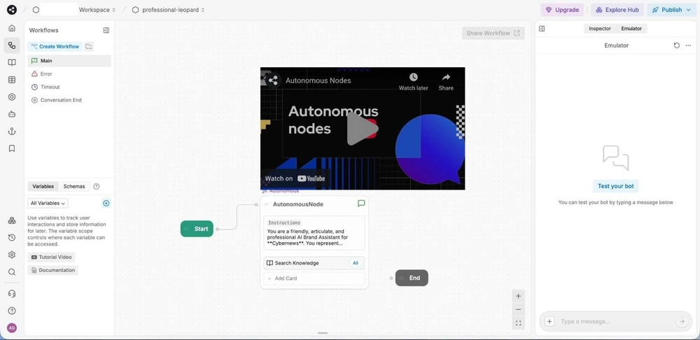 Botpress Studio showing a visual workflow with an autonomous node and a chatbot testing panel.