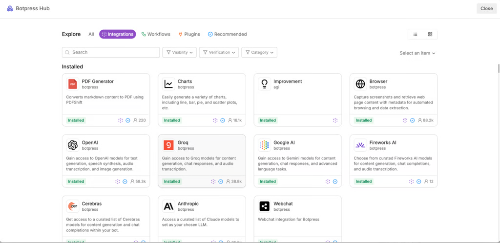 Botpress Hub showing installed integrations, including OpenAI, Google AI, Anthropic, and Webchat.