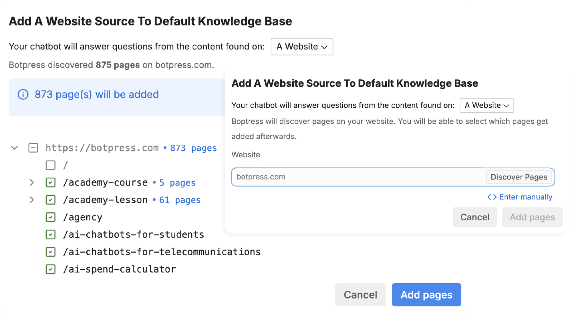 Botpress website import showing page discovery and selection for a knowledge base.