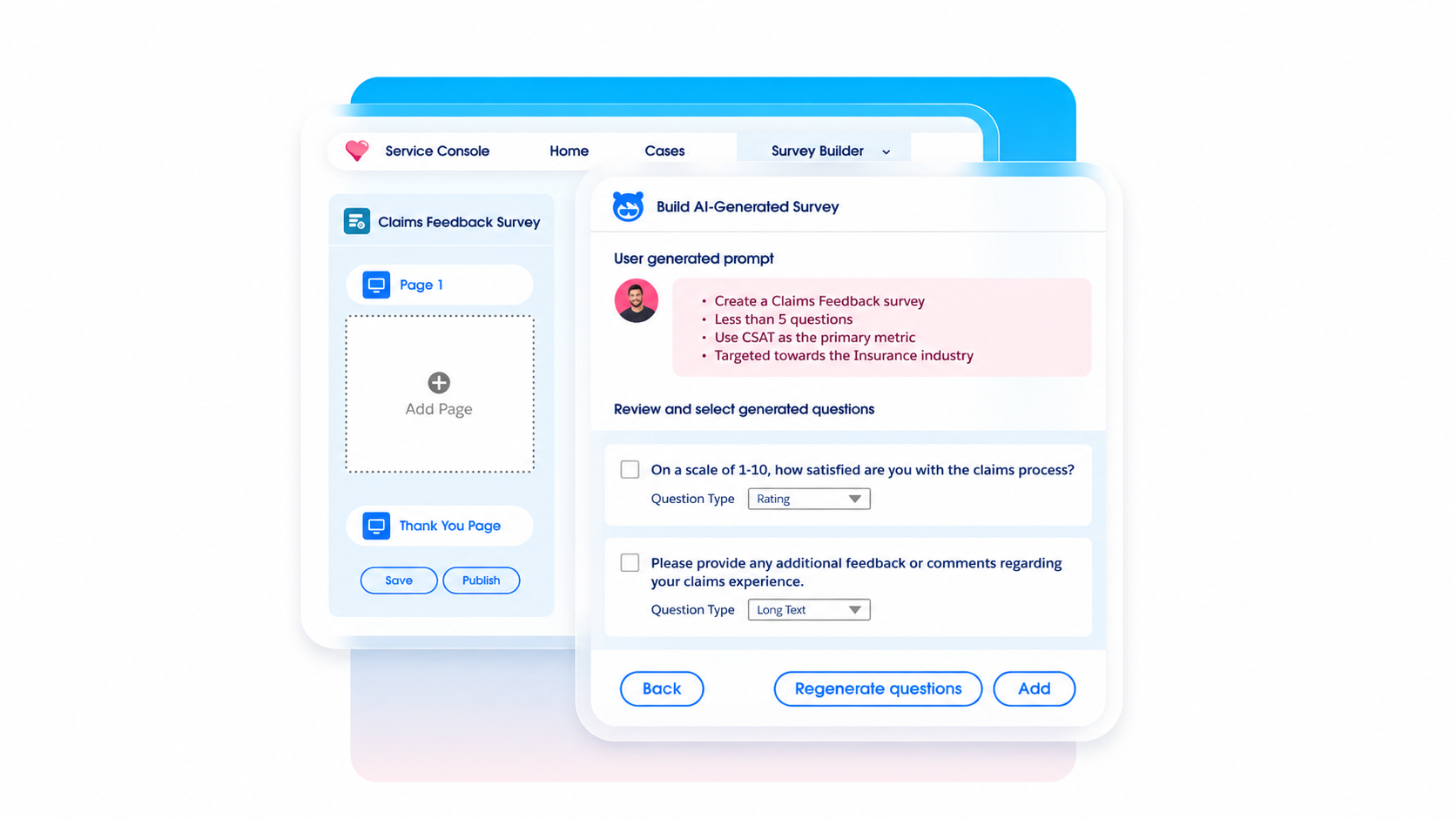 Salesforce AI Survey Builder showing a prompt for a claims feedback survey and generated questions for review.