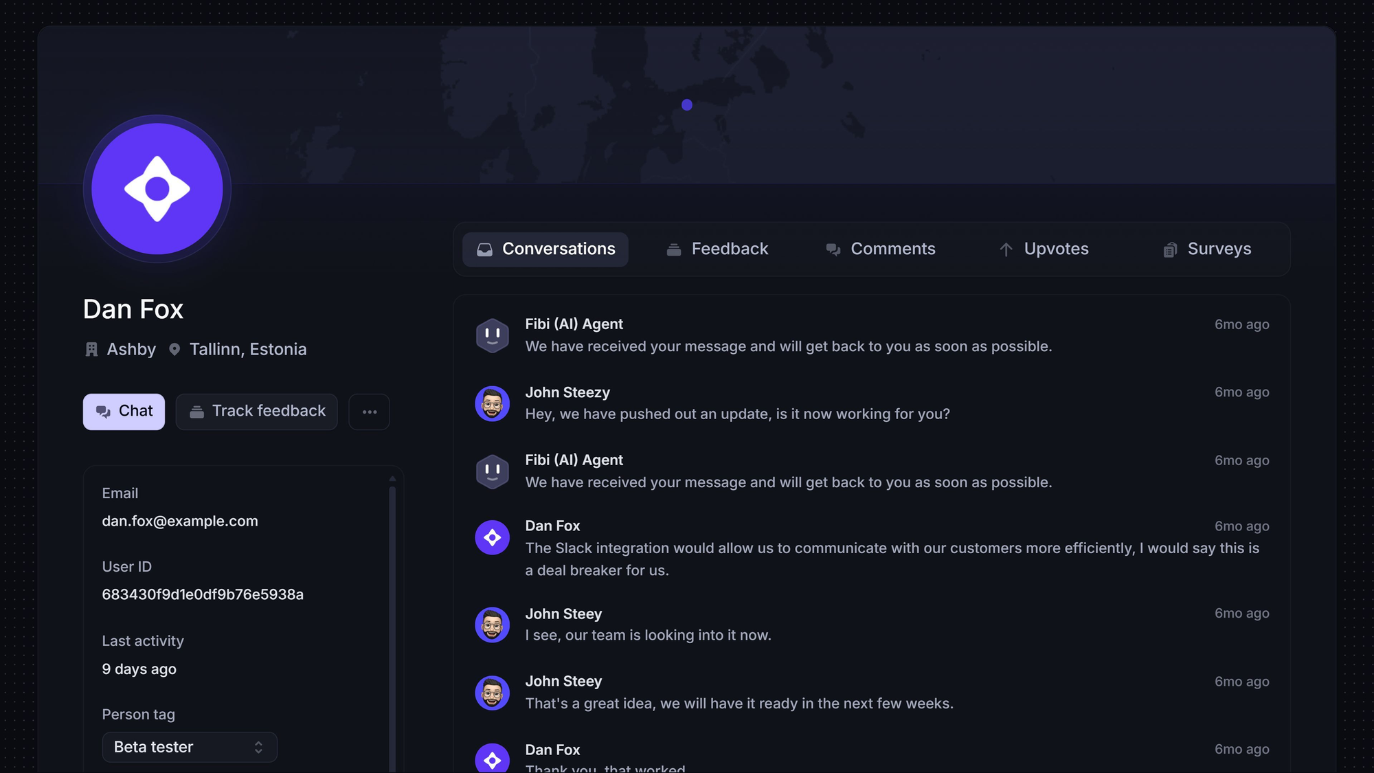 Featurebase customer profile showing account details and past conversations.