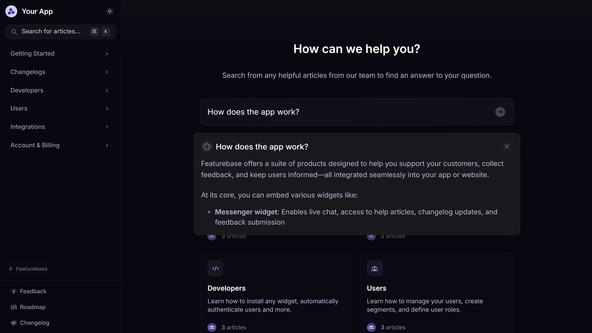 Featurebase help center showing article categories and an answer to “How does the app work?”