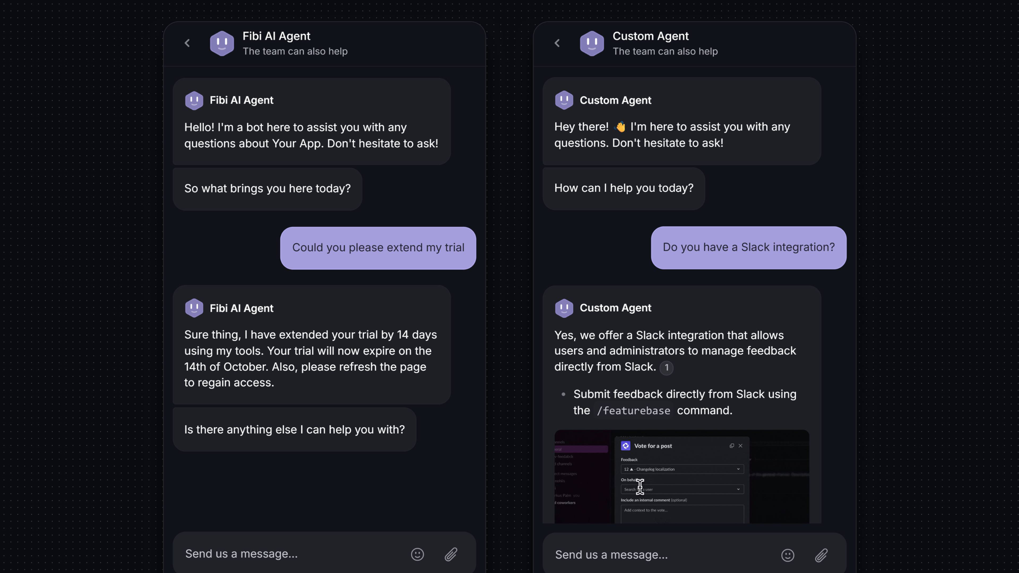 Featurebase AI chats showing a trial extension and an answer about Slack integration.