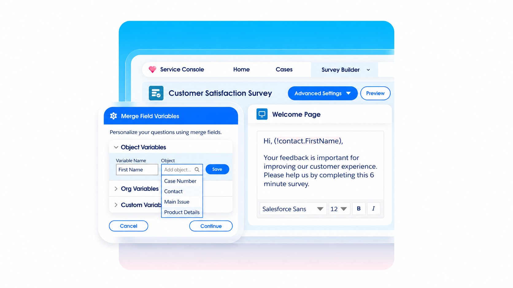 Salesforce Survey Builder using merge fields to personalize a customer satisfaction survey with a contact’s first name.
