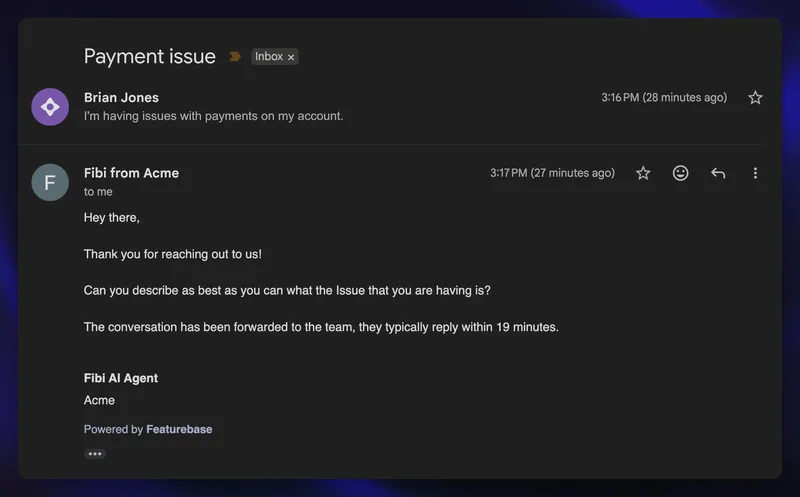 Featurebase AI email reply asking for payment issue details and confirming a team handoff with a typical 19-minute reply time.
