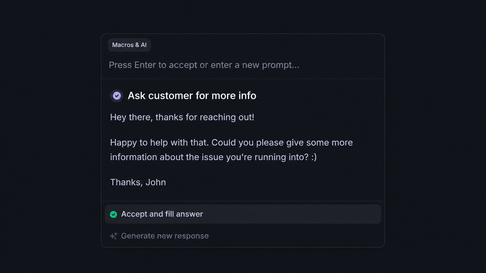 Featurebase Macros & AI menu showing an “Ask customer for more info” reply template and an “Accept and fill answer” option.