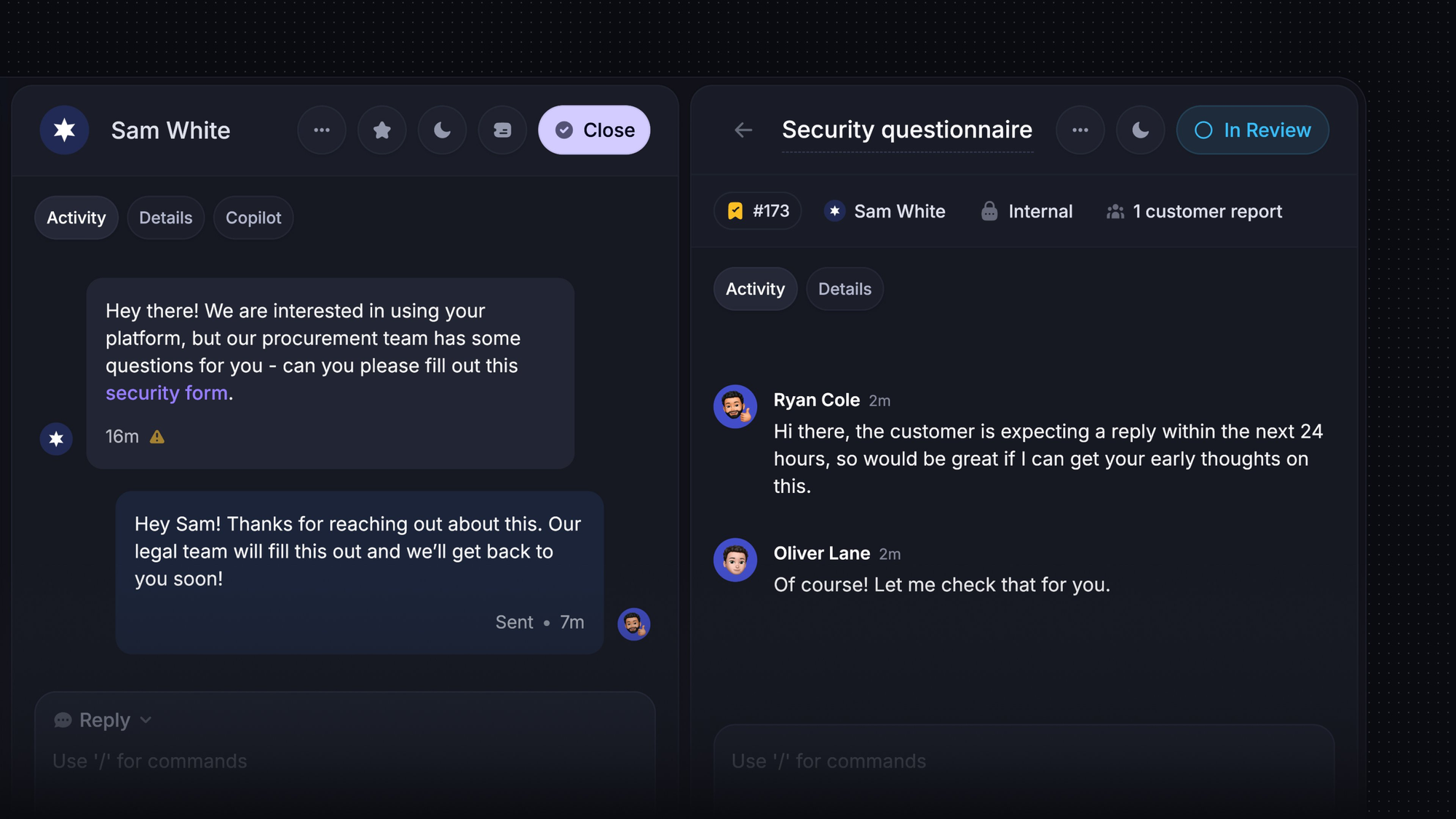 Featurebase customer conversation beside an internal security questionnaire ticket with teammate notes.