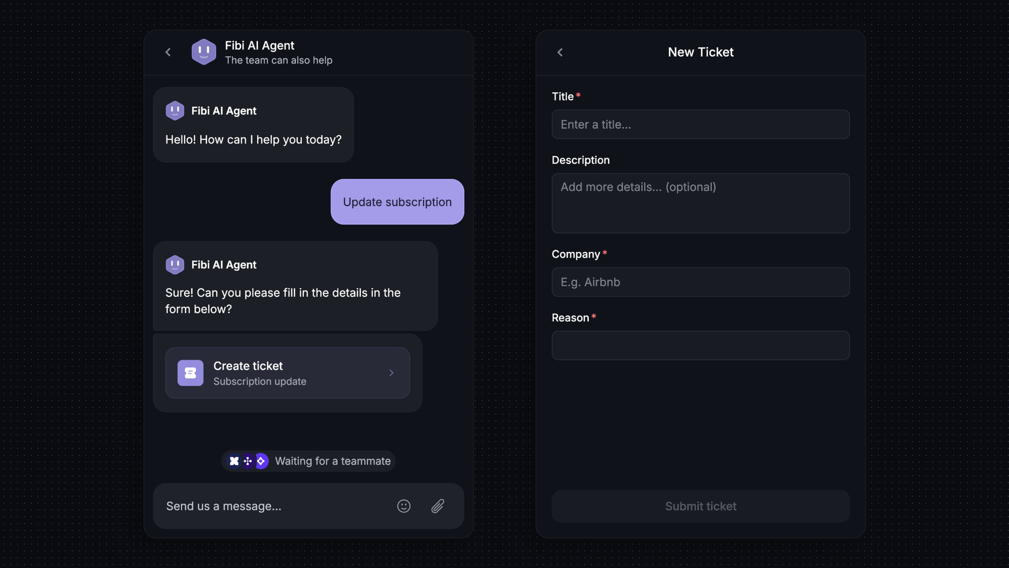 Featurebase ticket form with title, description, company, and reason fields beside a Fibi chat.