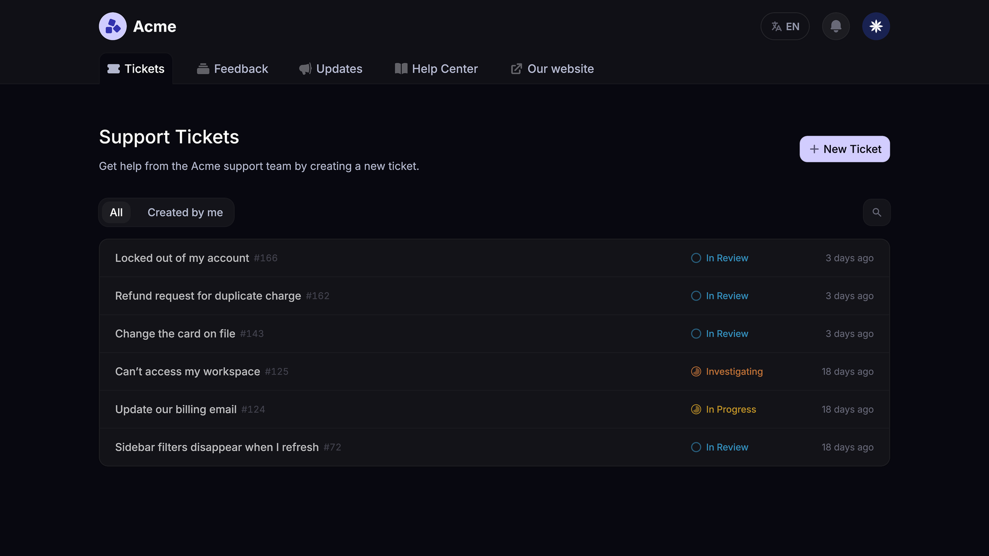 Featurebase Tickets Portal listing customer requests with In Review, Investigating, and In Progress statuses.