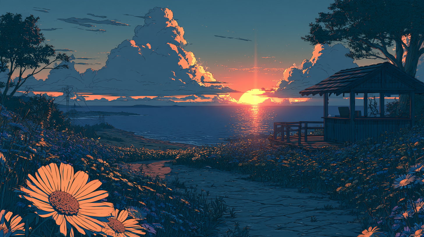 Illustration of a flower-lined path leading to a wooden seaside pavilion, with the sun setting over the ocean.