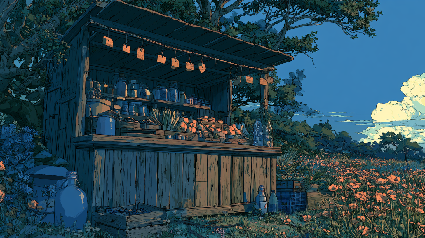 Illustration of a wooden market stall stocked with jars and produce, surrounded by trees and wildflowers at dusk.