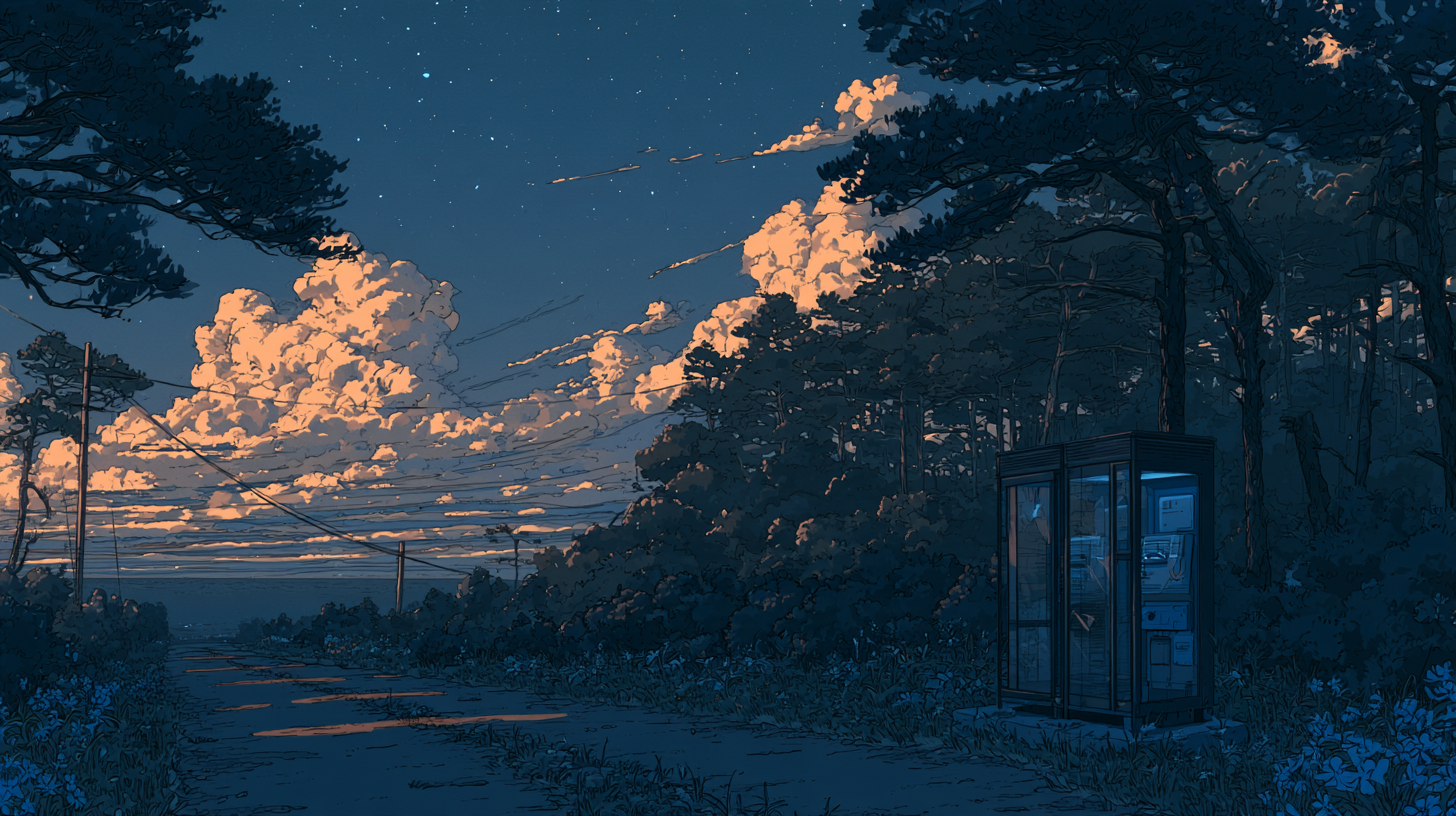 Illustration of a glowing phone booth beside a forest road at dusk.