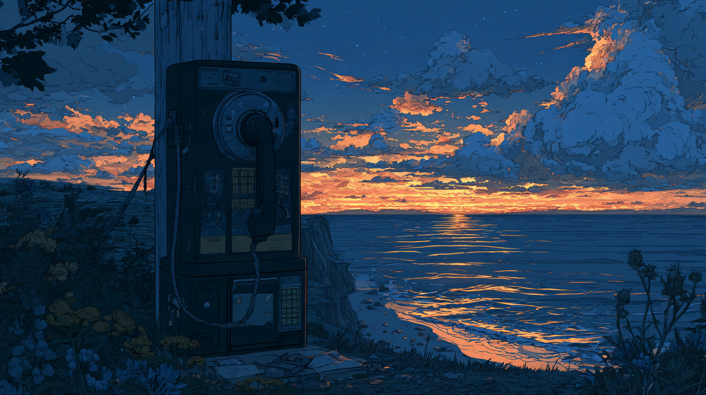 Illustration of a vintage payphone beside the ocean at sunset.