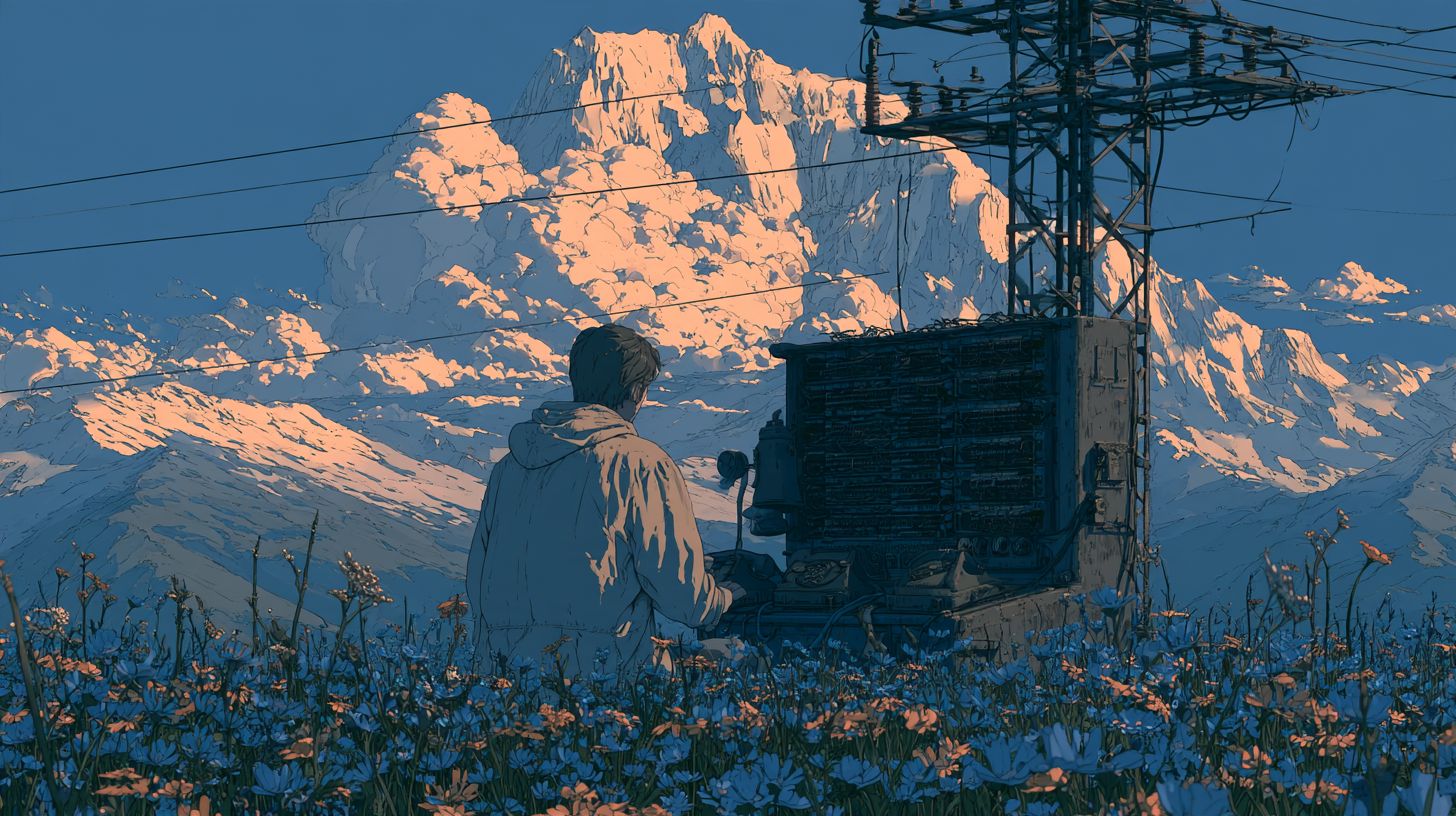 Illustration of a person operating a telephone switchboard in a wildflower meadow beneath snow-covered mountains.