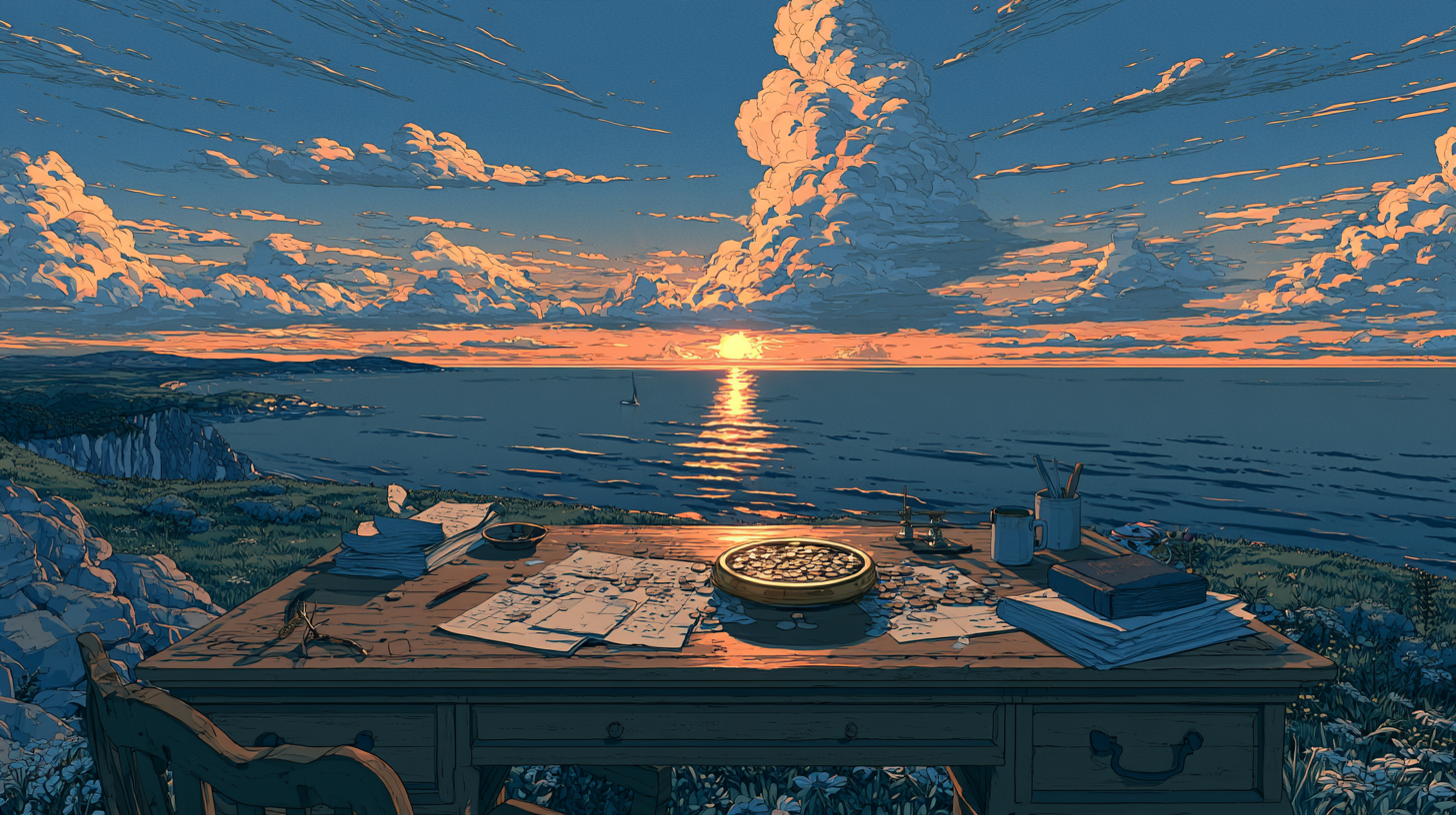 Illustration of a wooden desk with papers and books overlooking the ocean at sunset.