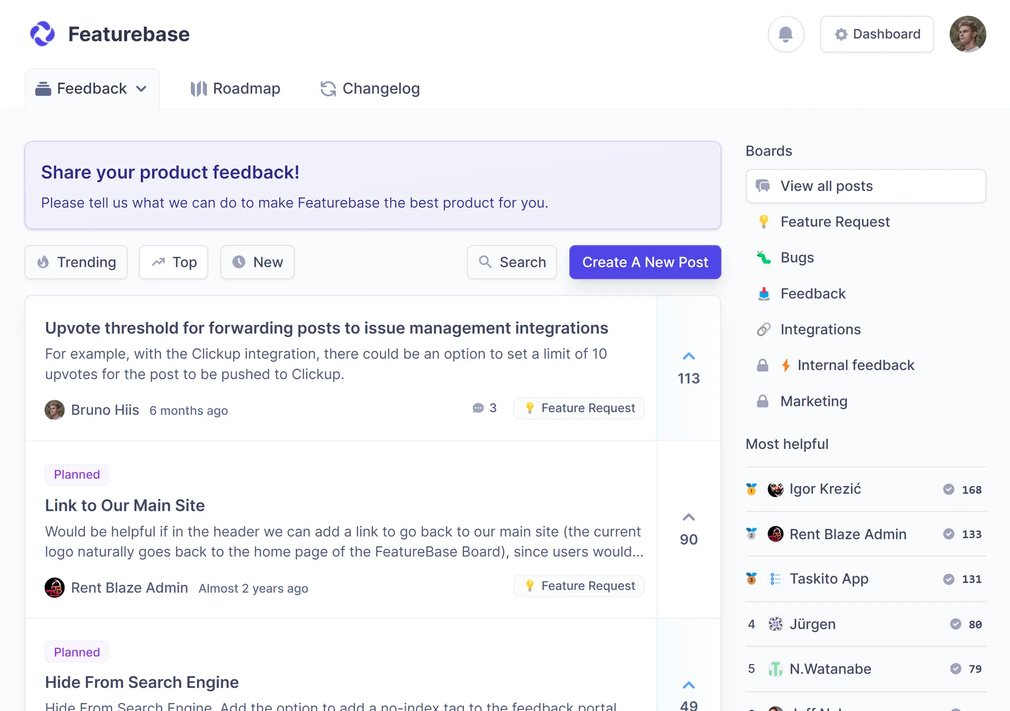 Example of a feedback board from Featurebase.