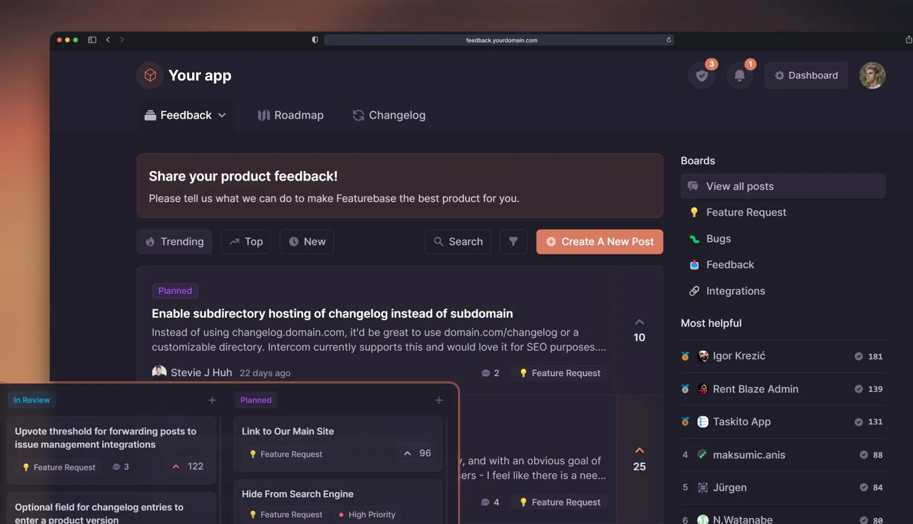 Featurebase's feedback portal with voting boards and roadmaps.