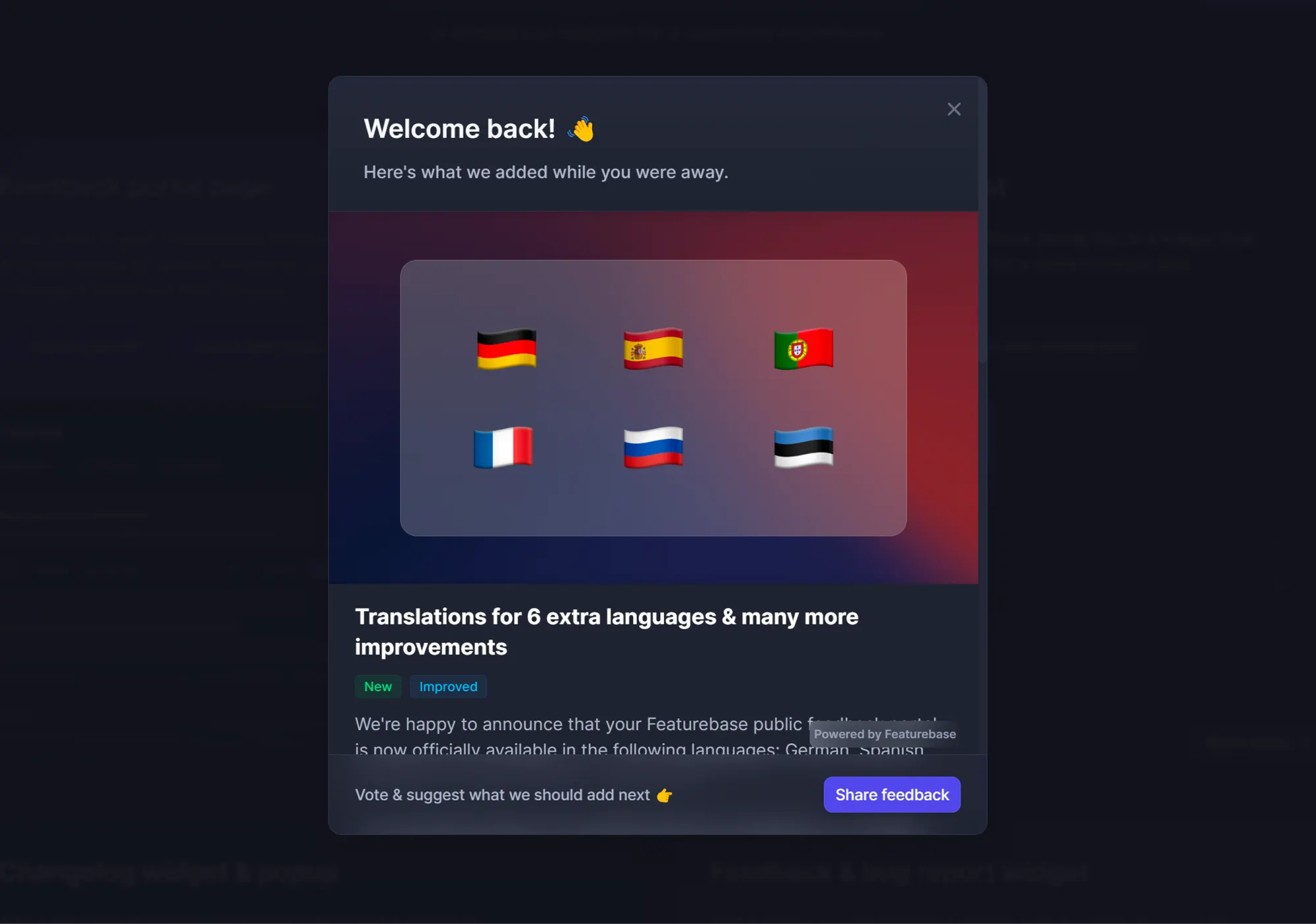 Featurebase's in-app popup with updates that the user has missed out on.