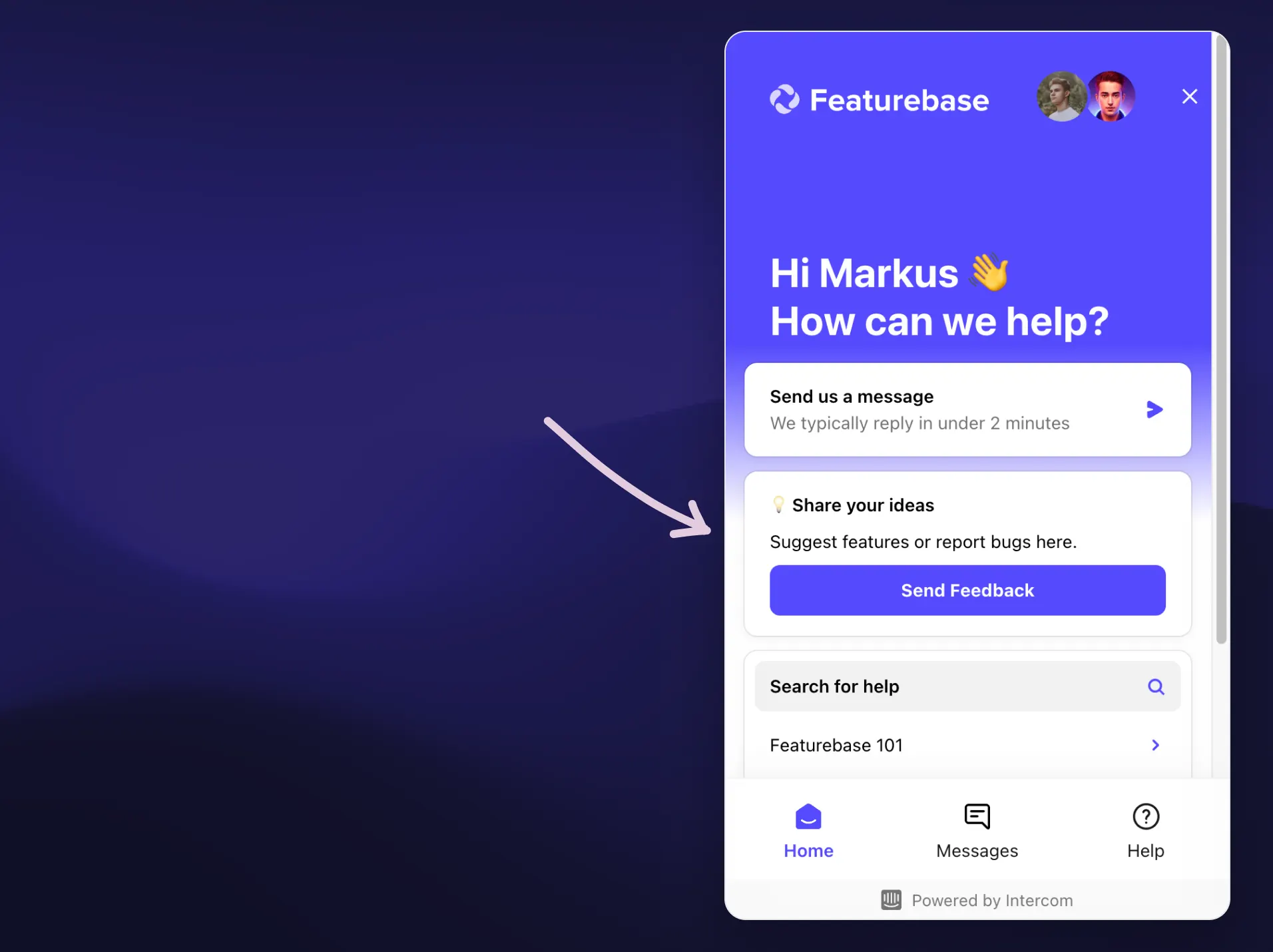 Featurebase's feedback form embedded in Intercom's widget.