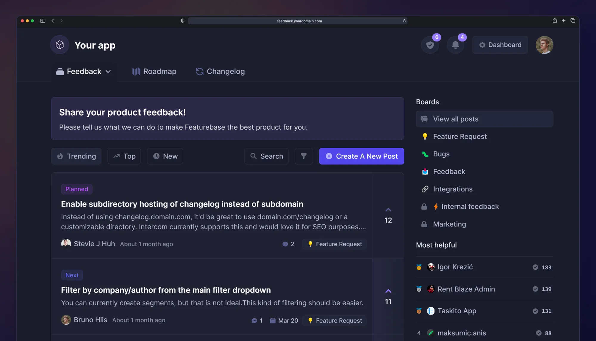 Featurebase’s voting board is where you can see the top-voted requests.