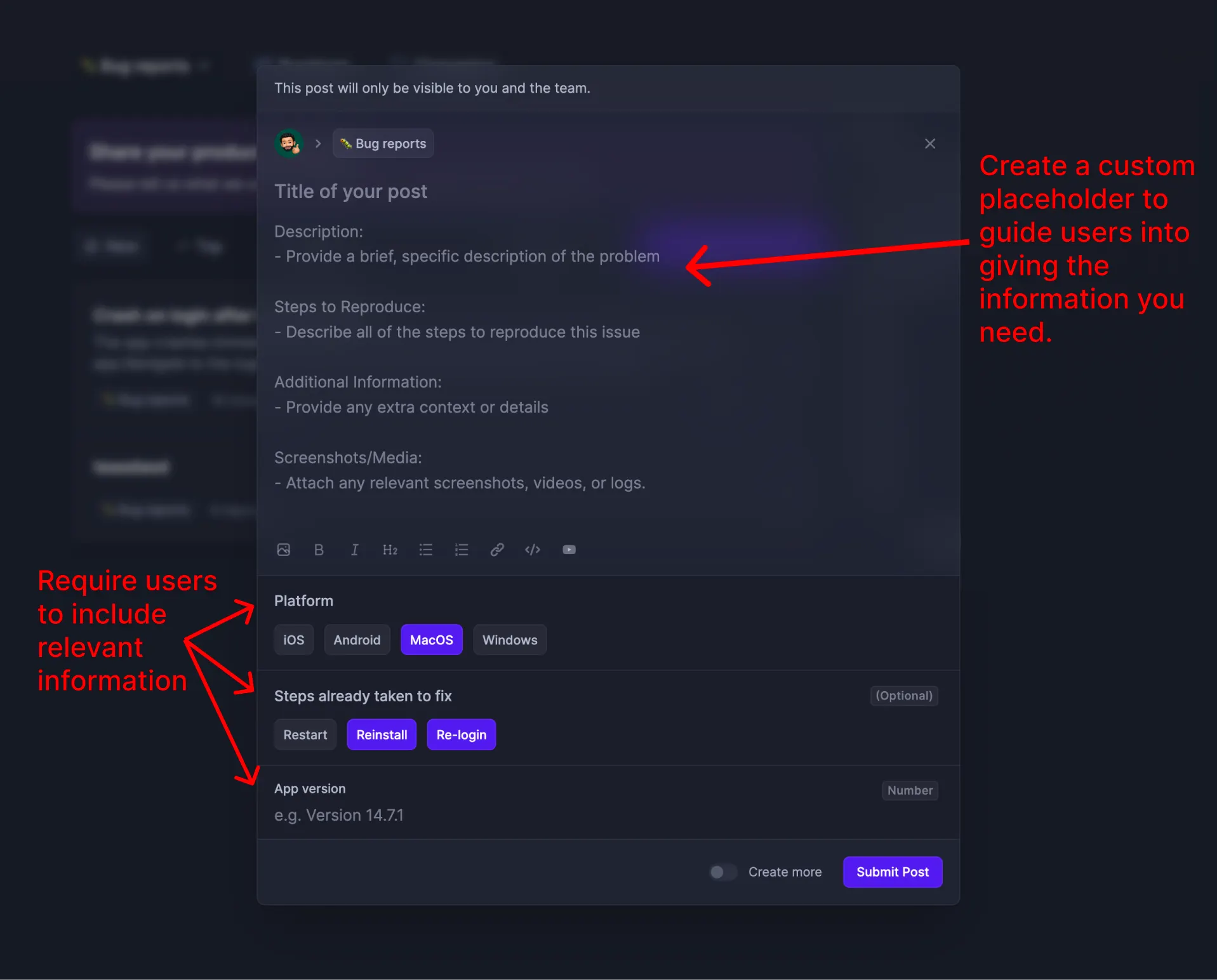 Featurebase's bug-reporting form with required fields.