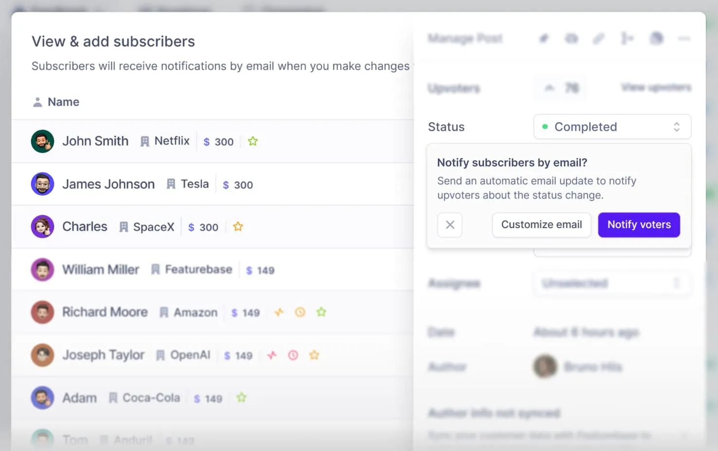 Automatically send out a status update to all idea subscribers