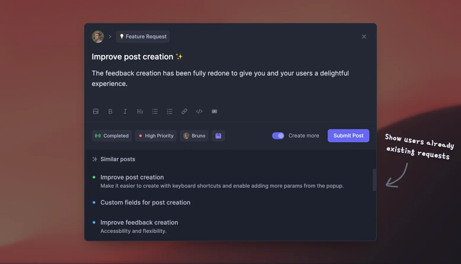 Featurebase feature request form example.