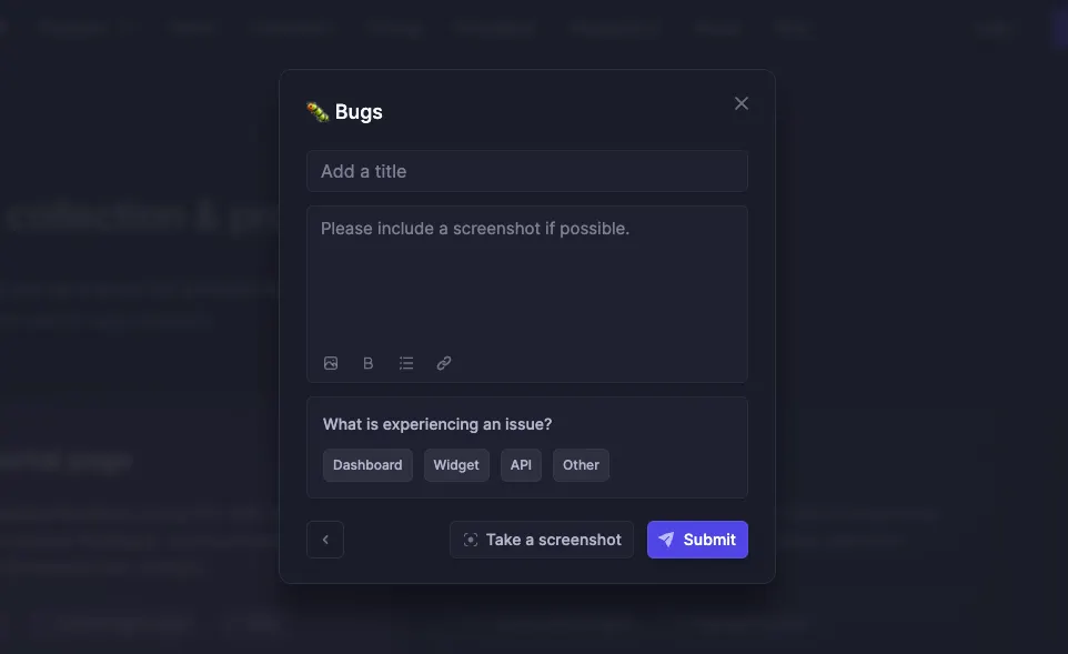 Featurebase's in-app bug reporting widget.
