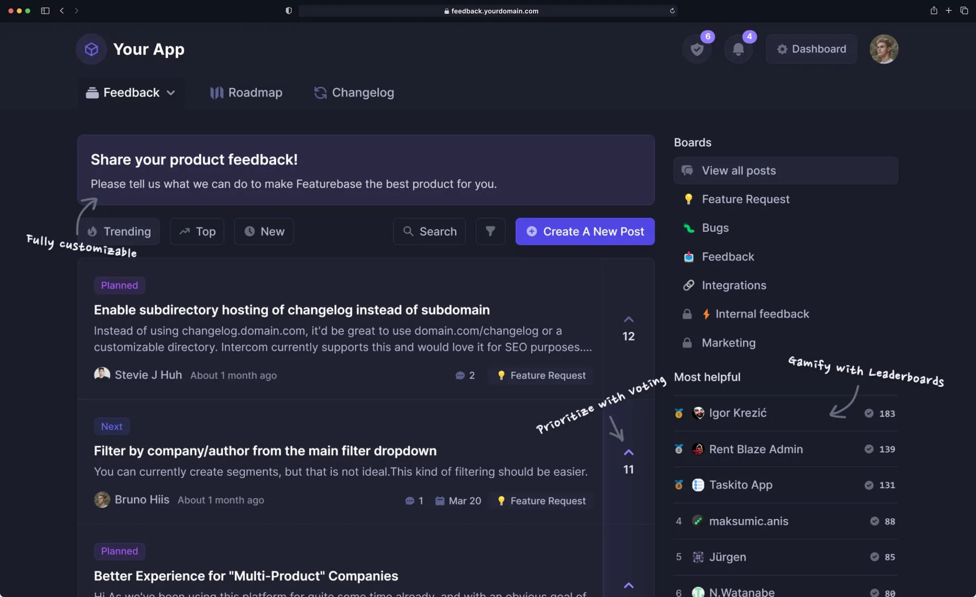 Featurebase's public feedback portal.