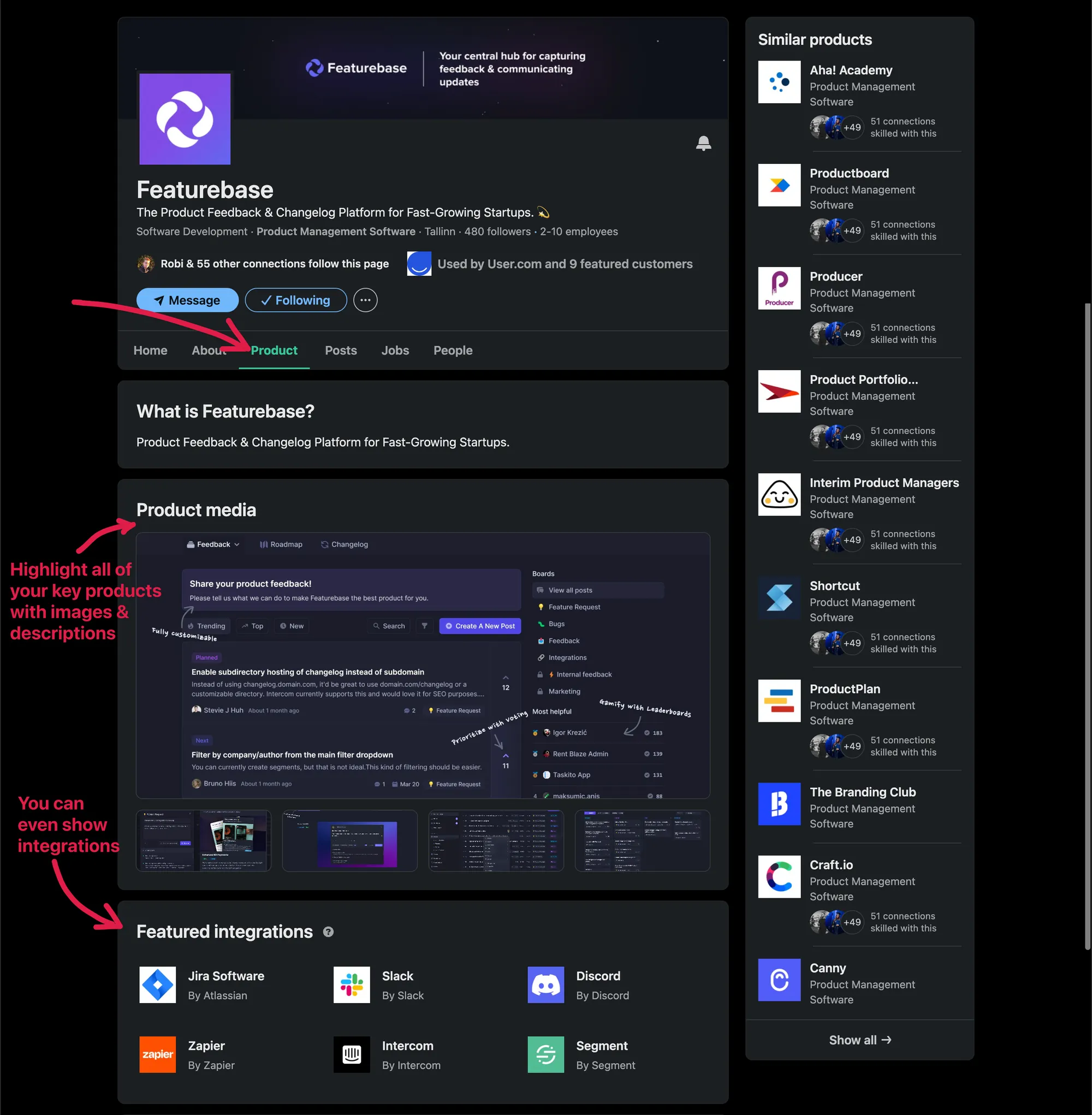 Product pages for Companies on LinkedIn.