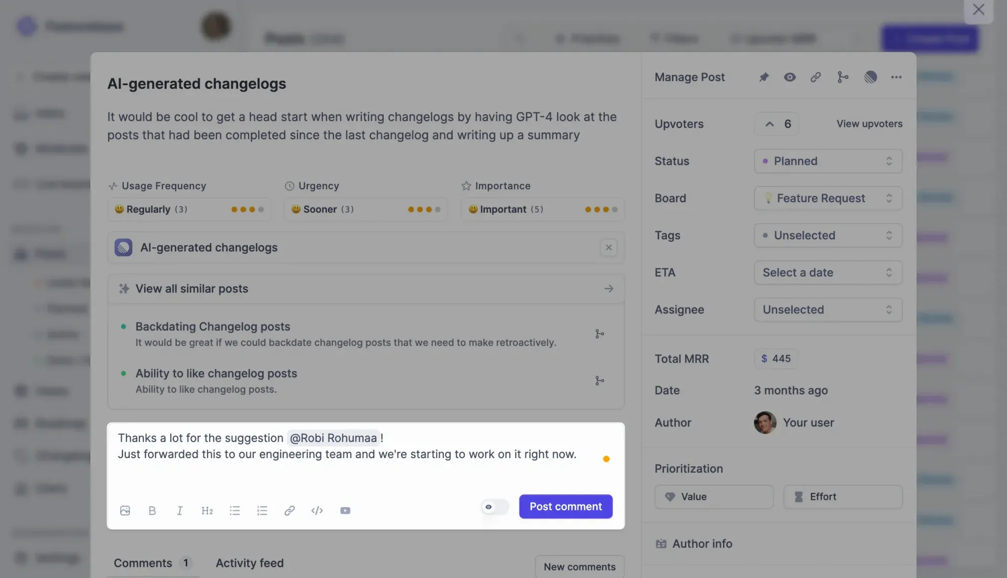 Respond to feedback with notification comments in Featurebase.
