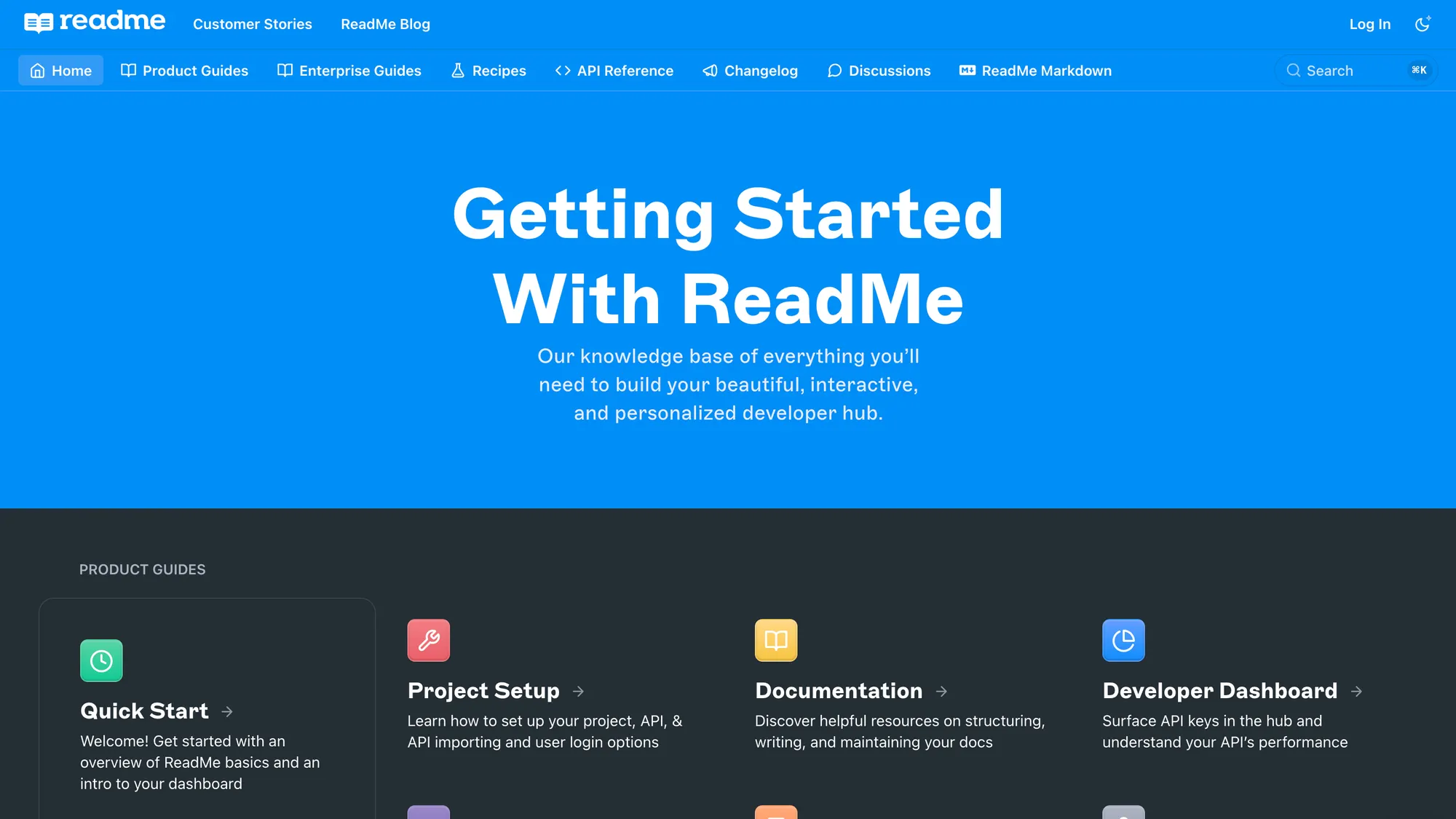 ReadMe documentation site that supports markdown files and writing.