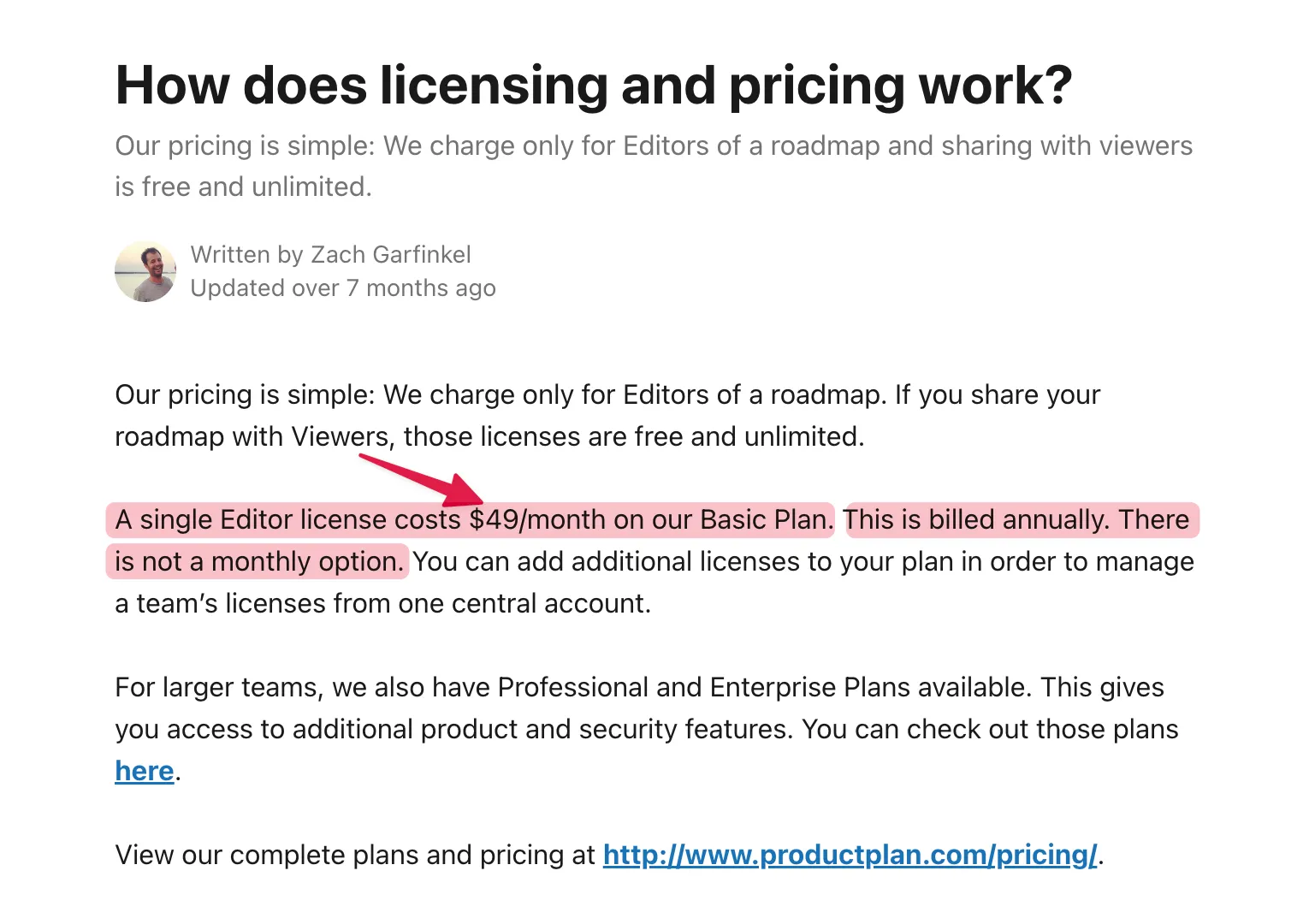 ProductPlan's help center article on pricing 2025.
