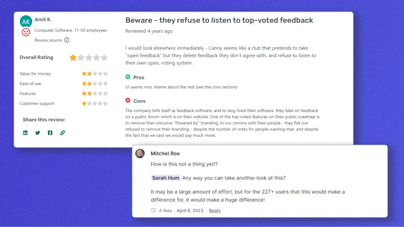 Canny's users complaining about not being listened to.