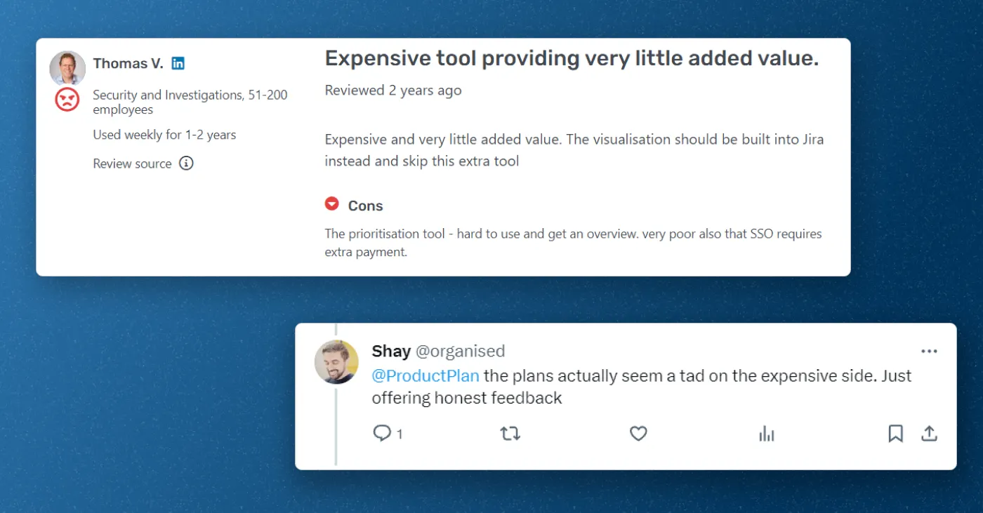Twitter illustration of complaints about ProductPlan being expensive.